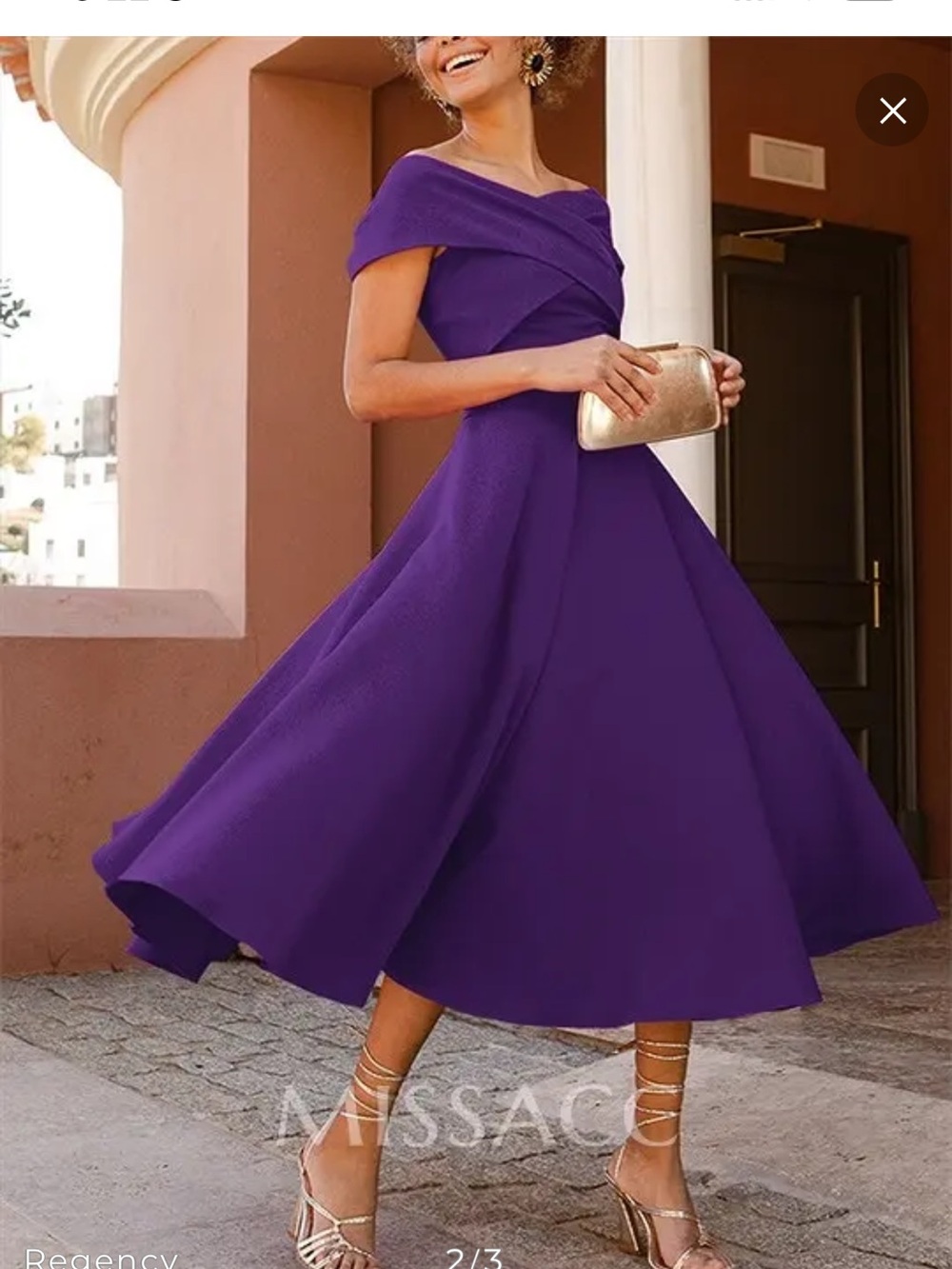 Off-Shoulder Purple Midi Fit-and-Flare Dress